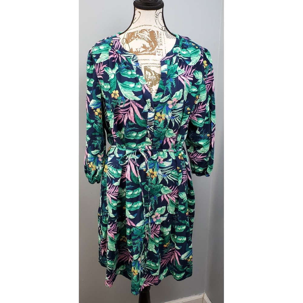 LOFT Tiered Midi Dress Womens L Multi Tropical Floral V-Neck Belted Button Front